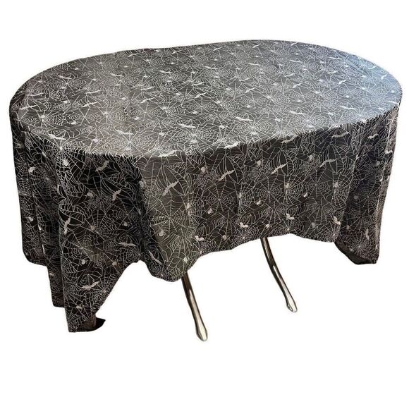 Halloween Tablecloth Rectangle Polyester Lace Black Spider Web Large 84x58” TWL3 - Picture 2 of 7